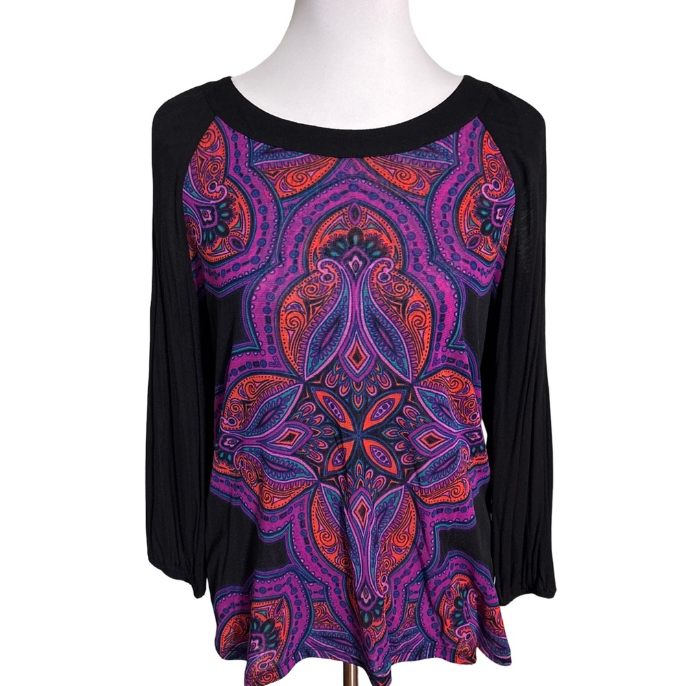 INC International Concepts Black Purple Paisley Cold Shoulder Blouse